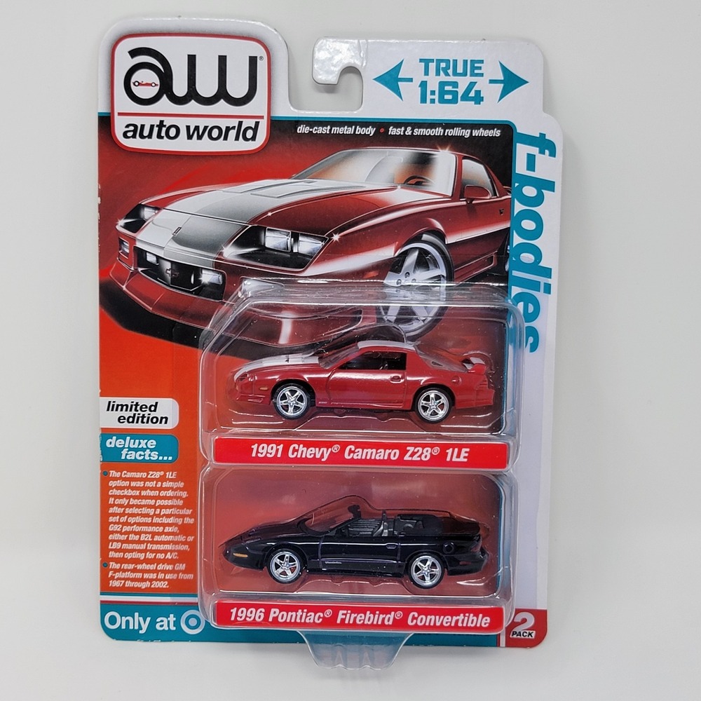 New! Auto World F-Bodies 1991 Chevy Camaro Z28 1LE & 1996 Pontiac Firebird 1/64